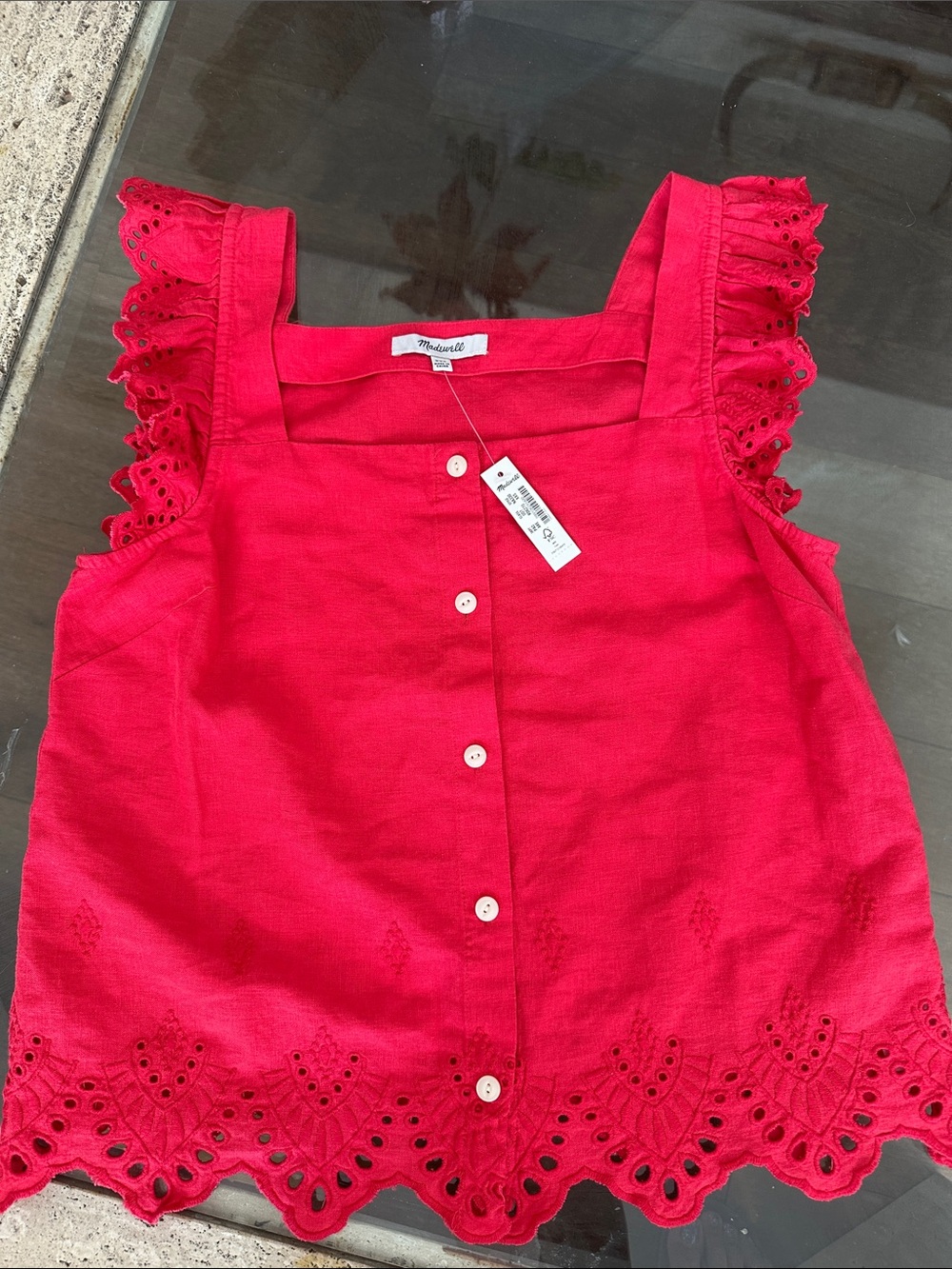 Madewell Pink Eyelet Ruffle Strap Top